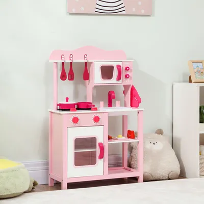Produktbild von Kinderküche Spielküche mit Mikrowelle, Herd, Spüle, Soundfunktion, Holzzubehör, MDF, Rosa | 55x24x86 cm | mit Rollen | ab 3 Jahren