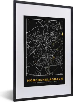 Produktbild von MuchoWow® Gerahmtes Poster Mönchengladbach - Gold - Stadtplan - Karte - Deutschland 40x60 cm - Poster mit Schwarzem Bilderrahmen Wandposter Rahmen Foto Bilder - Poster in Rahmen