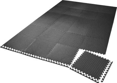 Produktbild von Tectake Bodenschutzmatte, 24 Teile, 61 x 61 cm, 48 Randstücke, EVA Schaumstoff, schwarz, erweiterbares Stecksystem, rutschfest, schmutzabweisend, wärmeisolierend, geräuschdämpfend, weich, für Fitnessgeräte, Arbeitszimmer, Kinderzimmer, Keller, Garage