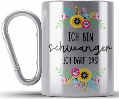 Produktbild von Trendation - Ich Bin Schwanger Ich Darf Das Edelstahl Tasse Karabiner Geschenk Frau Schwangerschaft Geschenkidee (Silber)