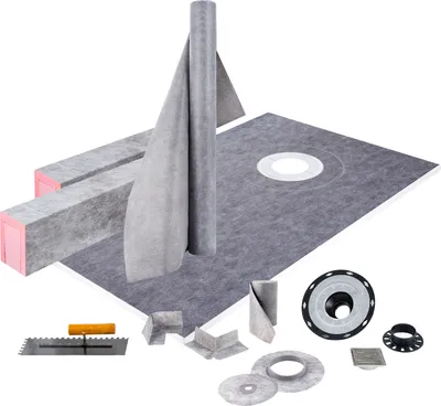 Image de Kit de rebords de douche SucceBuy, 38 x 60 pouces, receveur de douche étanche avec collerette de rehausse en ABS de 4 pouces, grille en acier inoxydable, rebords découpables et membrane pour les installations de salle de bains
