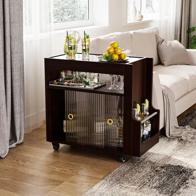 Produktbild von Rollbarer Beistellwagen, Beistelltisch mit Glasplatte, mit Glasschiebetüren und Rollen, Vitrine, Dunkelbraun, MDF, 60 × 30 × 56 cm