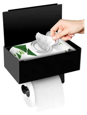 Produktbild von Toilettenpapierhalter ohne Bohren mit Feuchttücherbox aus Edelstahl, selbstklebend mit Ablage - Schwarz