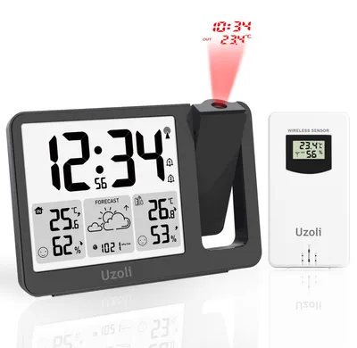 Projektionswecker mit Wetterstation, Funkuhr, Außensensor, schwarz