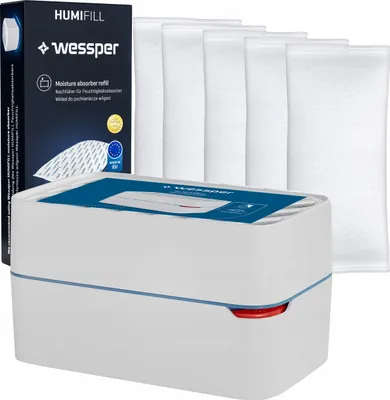 Produktbild von Wessper Luftentfeuchter Kunststoffgehäuse Mit Boje + 5x 500G Absorberpatrone, ideal für Auto, Dachboden, Garage, Keller, Waschküche, Zimmer, Wohnwage