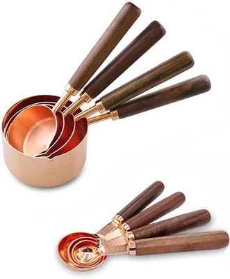 Produktbild von Famanu Messbecher und Messlöffel Set 8-teilig Roségold Edelstahl mit Walnussgriff - Messutensilien