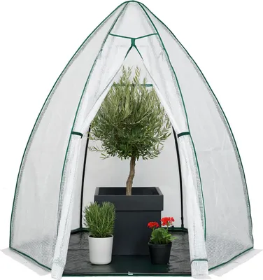 A greenhouse tent with plants inside.