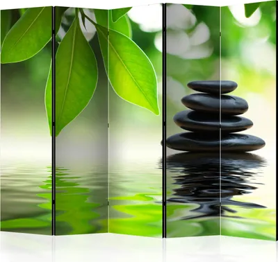 A decorative room divider with a nature-themed design, featuring green leaves and stacked black stones reflected in water.