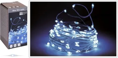 A product box and a coiled string of LED lights.