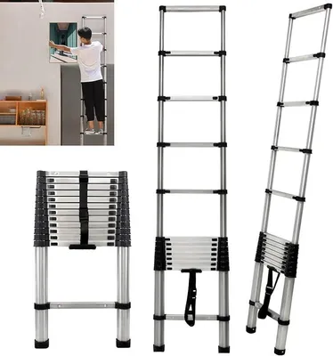 Imagen del producto de Escaleras extensibles de 3.8 metros, plataforma de trabajo para áticos, escalera telescópica de acero inoxidable resistente, con patas de goma antideslizantes y altura ajustable, 13 peldaños, carga máxima de 150 kg / 330 lbs