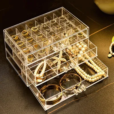 Imagen del producto de Omgoods - Caja de almacenamiento de pendientes de acrílico con 3 cajones para mujeres