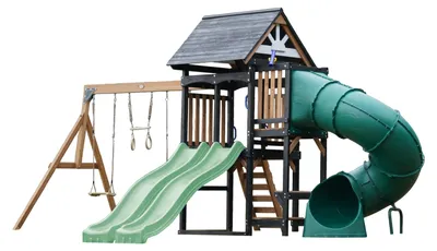 Produktbild von AXI Cody Spielturm aus Holz mit 2 Schaukeln & doppelter Rutsche in Pastellgrün & Röhrenrutsche | XXL Spielhaus / Spielplatz für Kinder mit