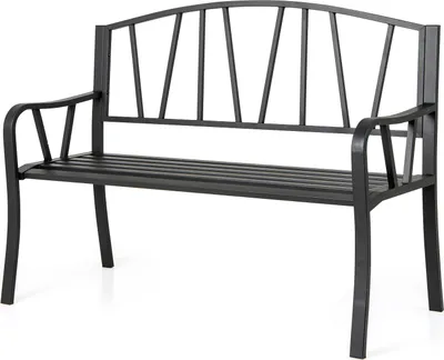 Produktbild von Metallbank, Gartenbank mit Rückenlehne, geschwungenen Armlehnen & Lattensitz für 2–3 Personen, robuste Sitzmöbel, Schwarz