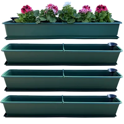 Produktbild von 4er Blumenkasten Set Balkonkasten Pflanzkasten Grün mit Bewässerungssystem und Balkonkasten Untersetzer 100cm