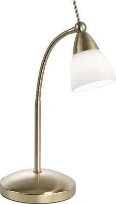 A brass and white glass desk lamp with a flexible neck, shown against a white background.