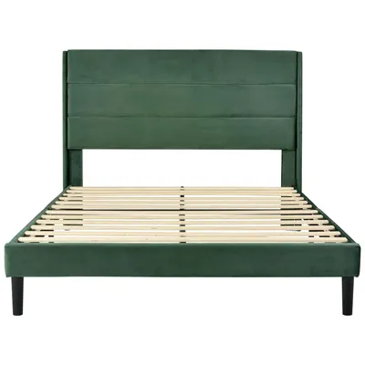 Productafbeelding van Gestoffeerd bed 140x200 cm - Gestoffeerd tweepersoonsbed - Houten frame - Bed met opbergruimte, lattenbodem en hoofdeinde - Fluweelbekleding - Donkergroen
