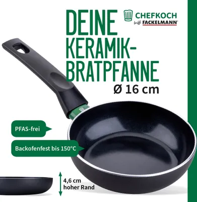A frying pan with text and logos, highlighting its features.