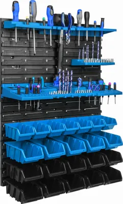 Zdjęcie produktu dla Wiszący panel narzędziowy 58x78cm z 22 szt. Montowane na ścianie niebieskie pudełka z zestawem plastikowych uchwytów