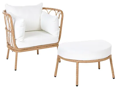 Produktbild von BELIANI Gartensessel Hellbraun Rattan mit Fußhocker Auflagen Cremeweiß Boho Korbsessel Rattansessel Outdoor Indoor Terrasse Balkon Sitzmöbel