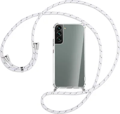 Produktbild von Handykette Backcover-Schutzhülle mit Band (Metall silberfarben) für Samsung Galaxy S22 Plus 5G (S906) - weiß/grau