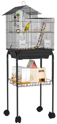 Obrázok produktu pre Klietka pre vtáky, oceľový materiál, 48x64x74 cm, pojazdná s kolieskami, čierna, 46x36x120 cm