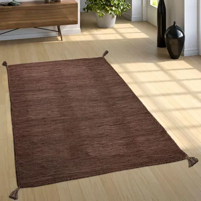 Immagine prodotto di Tappeto naturale per soggiorno con frange, kilim moderno tessuto a mano, 100% cotone, dimensioni 200x290 cm