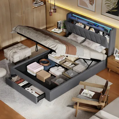 Produktbild von MODFU Polsterbett 140x190 Jugendbett mit LED-Licht und Steckdosen,Boxspringbett Bettgestell mit Schubladen und Bettkasten,Stauraumbett,Grau (ohne Matratze)