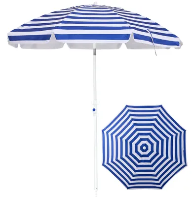 Produktbild von Sonnenschirm mit Sandschraube – Neigungswinkel bis zu 30°, UV-Schutz 50+, tragbarer Sonnenschirm für Strand, Pool, Garten und Terrasse, blau-weiß