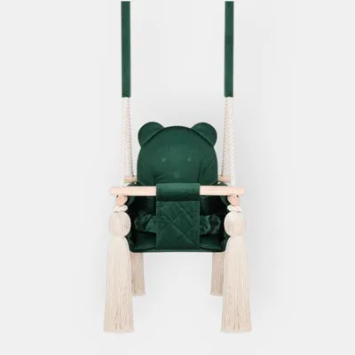 Image de Balançoire Bébé d’Intérieur en Velours Vert – Pour Bébés et Jeunes Enfants – Harnais de Sécurité, Design Ourson, Cadre en Bois – Fabriqué dans l’UE