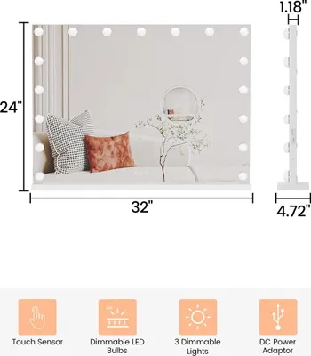 Image de Miroir de maquillage avec éclairage - Miroir de maquillage à LED - 17 ampoules LED - Intensité réglable en continu - 3 modes de couleur -tactile - Grossissement 3x