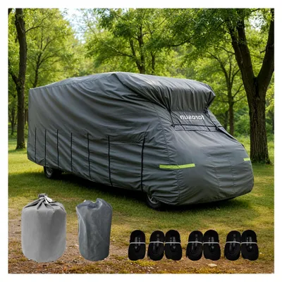 Produktbild von Abdeckung für Wohnwagen, 4-lagige Schutzhülle, wetterfest und atmungsaktiv, UV-beständig, reißfest, Hagelschutzplane für Winter und Sommer, 810×235×270 cm