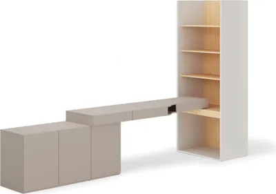 Produktbild von Furniture24 Möbelset Woow Set-08L - Schreibtisch, Kommode & Regal mit LED in Lehmgrau/Champagner/Vicenza-Eiche gebleicht