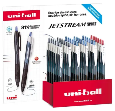 Imagen del producto de Uni-ball Jetstream Sport SXN-150E, expositor con 36 bolígrafos de tinta pigmentada, punta de bola de 1 mm, retráctil, de secado rápido, ideal para zurdos, colores variados
