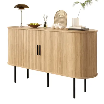 Produktbild von Modernes MDF Sideboard mit Rolljalousie-Türen, Aluminiumgriffen & Eisenbeinen–Vielseitiger Aufbewahrungsschrank für Wohnzimmer, moderne Einrichtung
