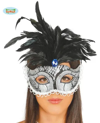 Produktbild von Venezianische Maske in silber mit schwarzen Federn