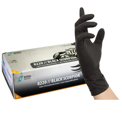 Produktbild von NITRAS BLACK SCORPION, Latex-Einmalhandschuhe, schwarz, EN 455, EN ISO 21420, EN ISO 374, Box à 100 Stück Gr.: XL