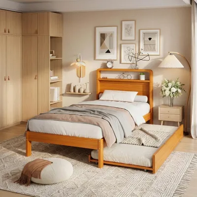 Produktbild von Flieks Klassisches Bett 90x200cm mit Ausziehbarem Bett 90x190cm, Kinderbett Jugendbett mit Kopfteil, Holzbett Einzelbett mit Lattenrost, Naturbelassen