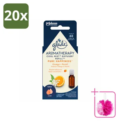 Imagen del producto de 20 unidades de recambio de aceite esencial Glade Aromatherapy, "Pure Happiness", con aroma a naranja y neroli, de 17,4 ml cada uno. Pack económico