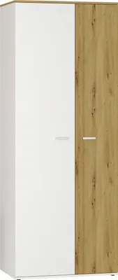 A two-door wardrobe with one white door and one wood-effect door.