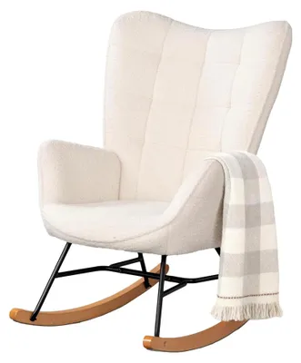 Produktbild von Schaukelstuhl mit Armlehnen und gepolsterter Sitzfläche für Wohnzimmer, Schlafzimmer, Balkon, Sherpa und Holzkufen, bis 120 kg belastbar, Beige