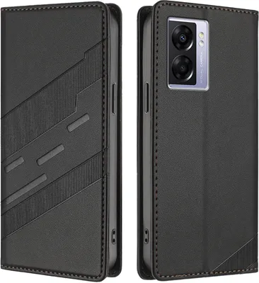 Produktbild von Hülle für Oppo A57 5G/A77 5G/A97 5G, Kunstleder Brieftaschen Handyhülle mit Kartenfach und Standfunktion Schwarz