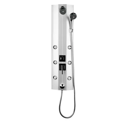 A shower panel system mounted on a white background.