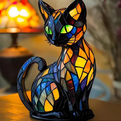 Produktbild von Katzen Lampe, Katzenlampe Mosaik, Nachttischlampe, USB Nachtlicht Katze mehrfarbig, vintage buntglas lampe, Bedside lamp, Schlafzimmer Deko Geschenk