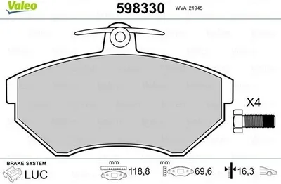 Produktbild von VALEO 598330 - OE 1HM698151 Bremsbeläge, Vorne für Cordoba (6K), Arosa (6H), Ibiza (6K), Inca (6K), Toledo I (1L2), Caddy II (9K), Corrado (53I), Golf III (1H), Golf Cabriolet (1E), Golf IV (1J), Lupo (6E1, 6X1), Passat (35I), Polo (6N), Polo (6V), Vento (1H)