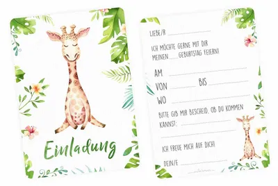 Two invitation cards with a jungle theme and a giraffe illustration. One card has the word 'Einladung' (Invitation) and the other has text fields for party details.