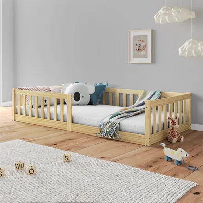 Produktbild von Bodenbett GUSTAVO mit Rausfallschutz Kiefer Massiv – Natur 90 x 200 cm Bodenbett mit Rausfallschutz Montessori-Kinderbett