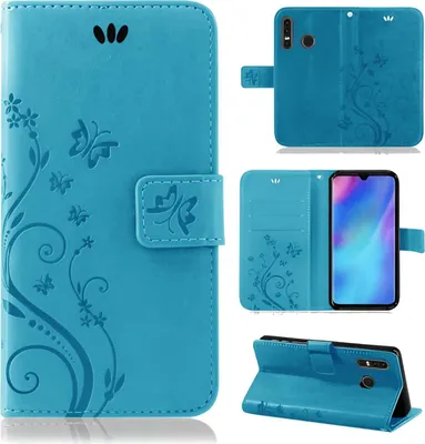 A collage of images showing a blue flip phone case with a floral and butterfly design from multiple angles.