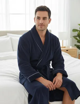 Imagen del producto de Unyqoos® - Bata de baño para hombre, 100% forro polar de poliéster, color azul oscuro, talla 3XL, cuello mao con ribete gris claro, cinturón y bolsillos