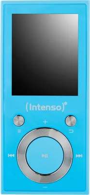 A blue MP3 player is shown against a white background.