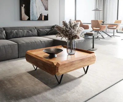 Produktbild von DELIFE Couchtisch Kiano 90x90 cm Akazie Natur 2 Schübe V-Fuß Schwarz
